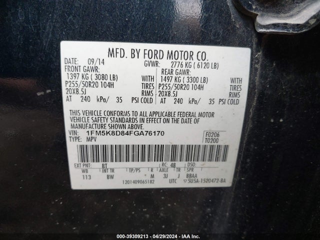 Ford EXPLORER XLT 2015 1FM5K8D84FGA76170 Image 9