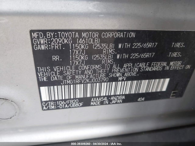 Toyota RAV4 LE 2019 JTMG1RFV2KJ003790 Image 9
