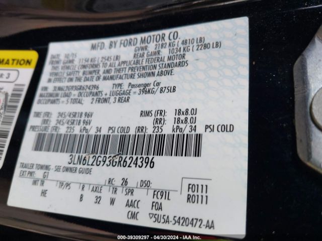 3LN6L2G93GR624396 Lincoln MKZ
