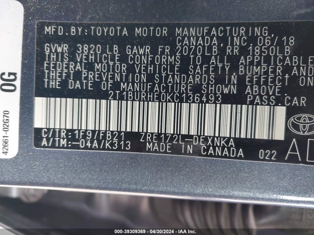 Toyota COROLLA LE 2019 2T1BURHE0KC136493 Image 9