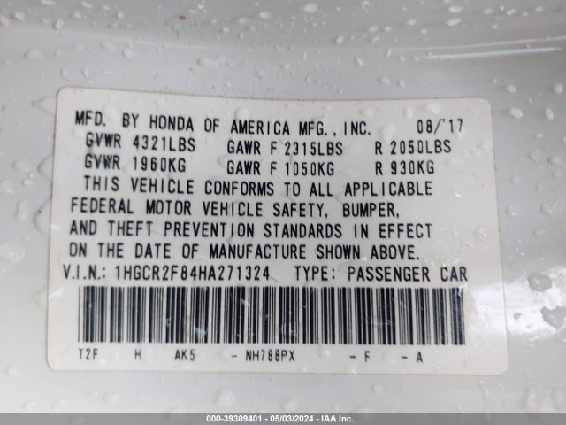 Honda Accord Ex-l 2017 1HGCR2F84HA271324 Image 9
