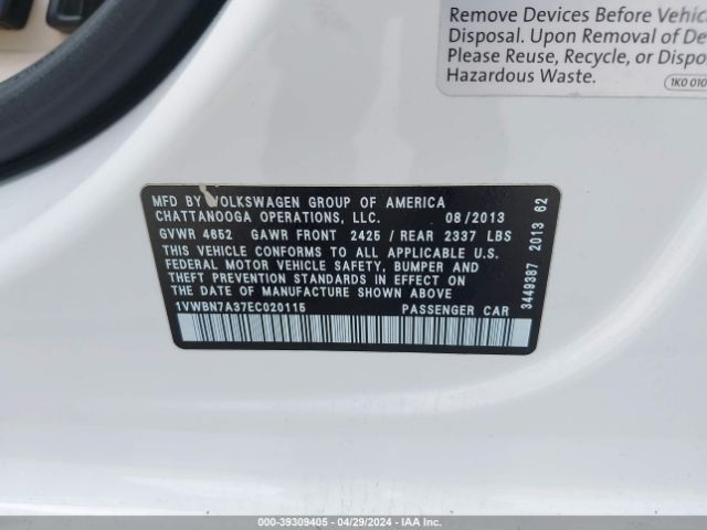 1VWBN7A37EC020115 Volkswagen Passat 2.0l Tdi Se