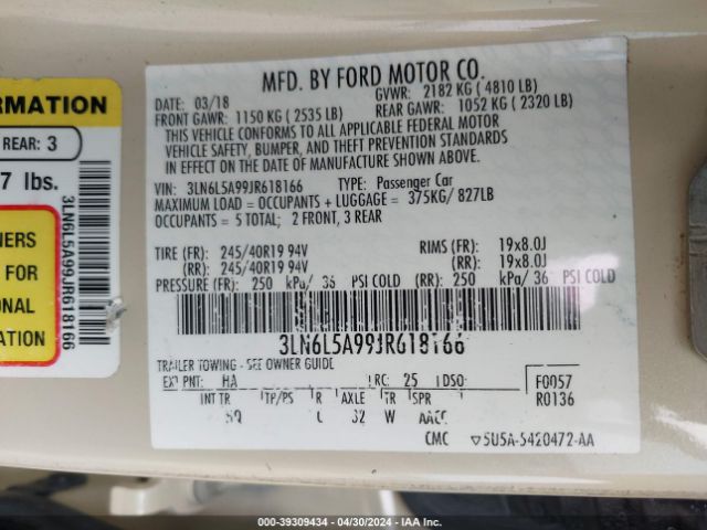 3LN6L5A99JR618166 Lincoln Mkz Premiere
