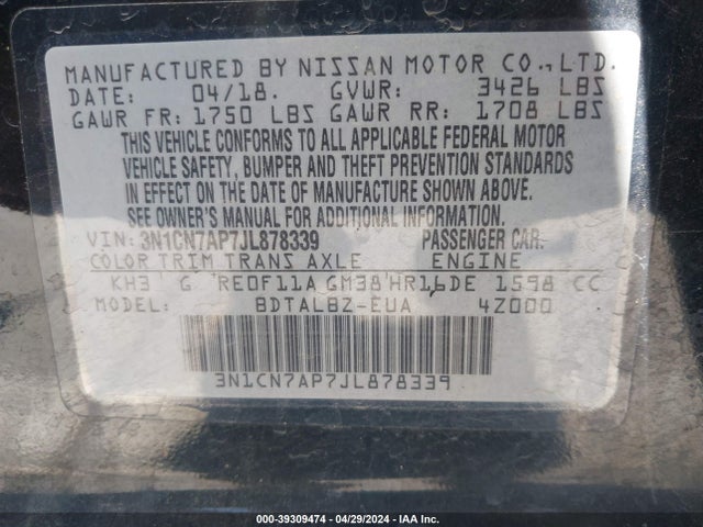 Nissan Versa 1.6 Sv 2018 3N1CN7AP7JL878339 Image 9