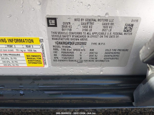 Chevrolet Traverse 1lt 2015 1GNKRGKD6FJ262882 Image 9