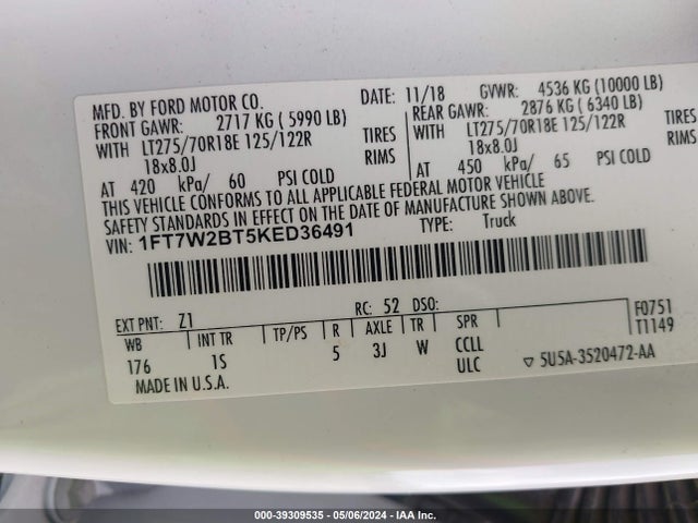 Ford F-250 Xl 2019 1FT7W2BT5KED36491 Image 9