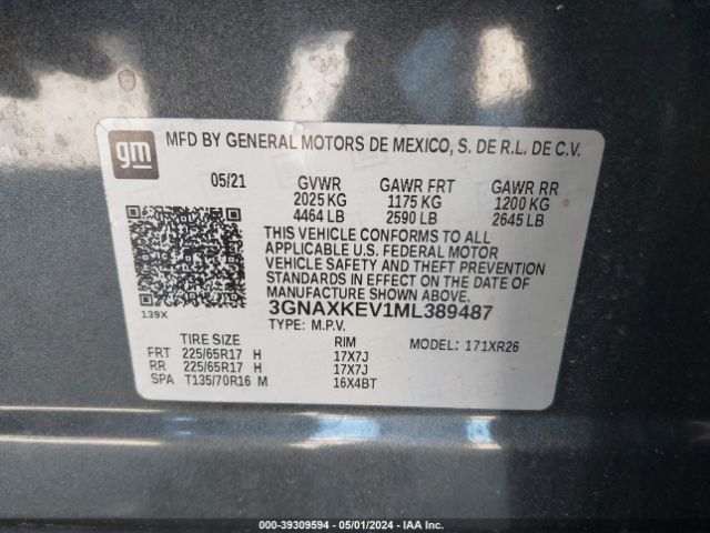 3GNAXKEV1ML389487 Chevrolet Equinox Fwd Lt