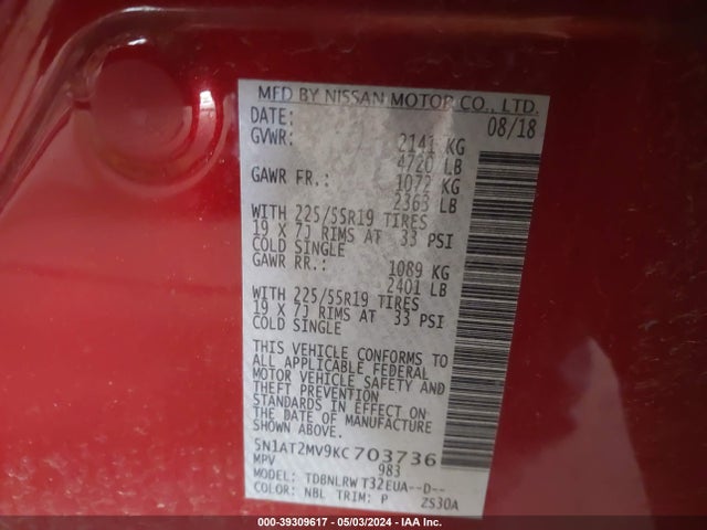Nissan Rogue Sl 2019 5N1AT2MV9KC703736 Image 9