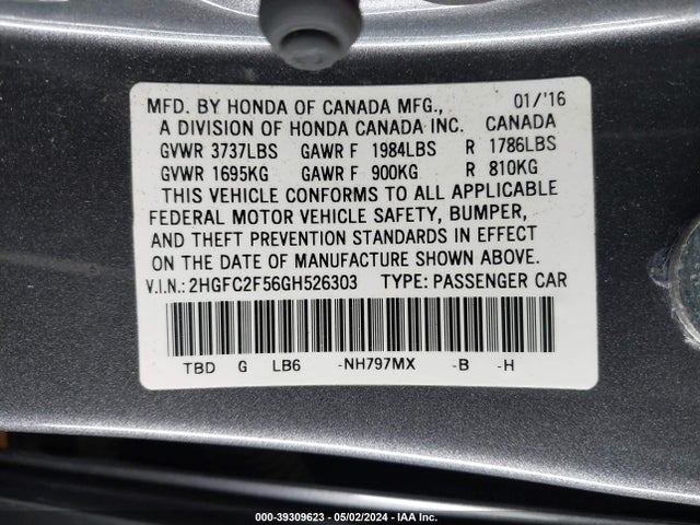 Honda Civic Lx 2016 2HGFC2F56GH526303 Image 16