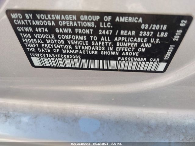 1VWCV7A31FC082082 Volkswagen Passat 2.0l Tdi Sel Premium