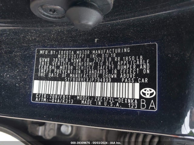 Toyota COROLLA LE 2018 5YFBURHEXJP794899 Image 9