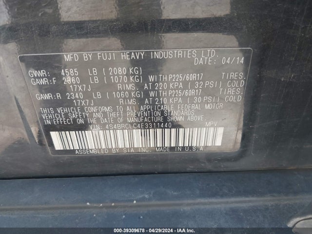 Subaru Outback 2.5i Limited 2014 4S4BRCLC4E3311440 Image 9