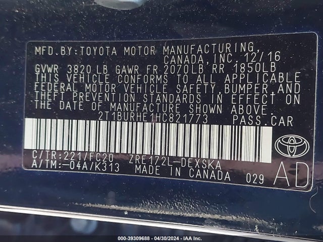 Toyota COROLLA SE 2017 2T1BURHE1HC821773 Image 9