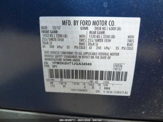 1FM5K8HT1JGA34949 Ford Explorer Platinum