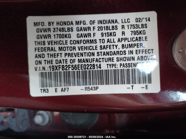 Honda Civic Lx 2014 19XFB2F56EE022814 Image 9