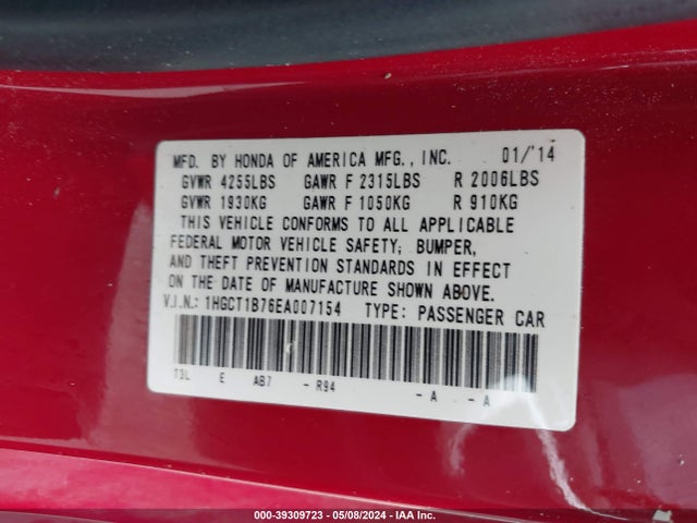 Honda ACCORD EX 2014 1HGCT1B76EA007154 Image 9
