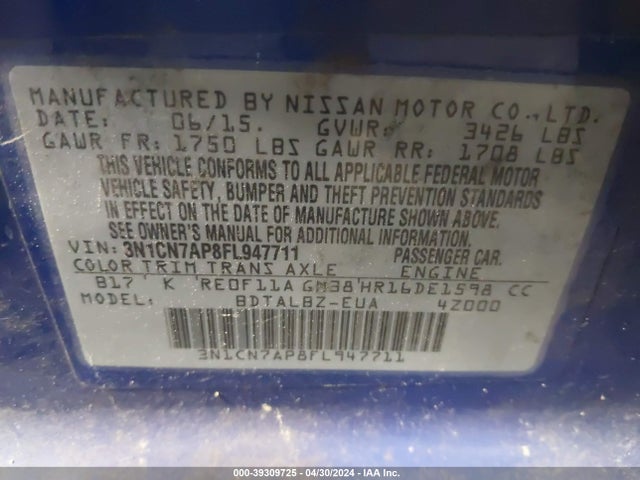 Nissan Versa 1.6 Sv 2015 3N1CN7AP8FL947711 Image 9