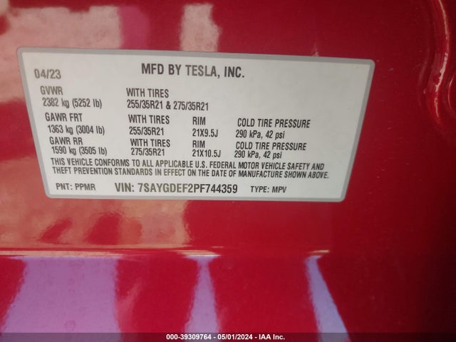 7SAYGDEF2PF744359 Tesla Model Y Awd/performance Dual Motor All-wheel Drive