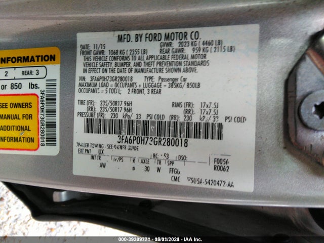 Ford FUSION SE 2016 3FA6P0H73GR280018 Image 9