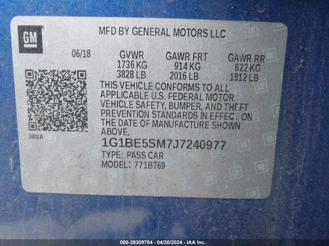 Chevrolet Cruze Lt Auto 2018 1G1BE5SM7J7240977 Image 9