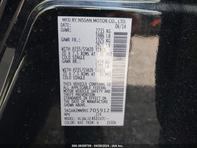 5N1AR2MN9EC705912 Nissan Pathfinder Platinum/s/sl/sv