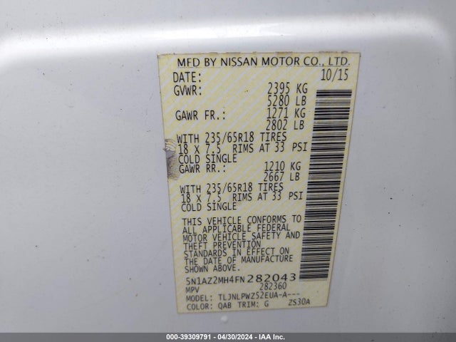 Nissan MURANO S 2015 5N1AZ2MH4FN282043 Image 9