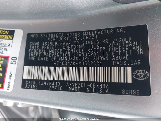 Toyota CAMRY LE 2021 4T1C31AK4MU562634 Image 9