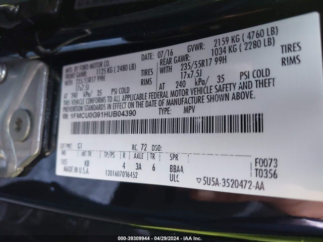 Ford ESCAPE SE 2017 1FMCU0G91HUB04390 Image 9