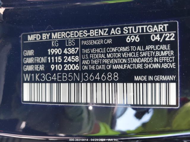 W1K3G4EB5NJ364688 Mercedes-Benz A 220