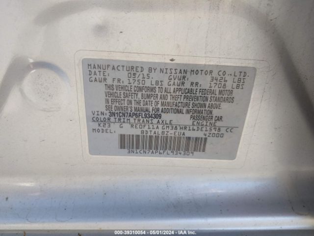 3N1CN7AP6FL934309 Nissan Versa 1.6 S/1.6 S+/1.6 Sl/1.6 Sv
