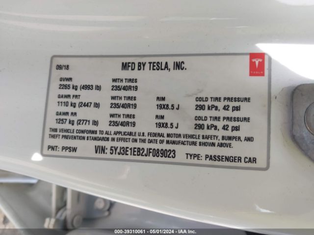 5YJ3E1EB2JF089023 Tesla Model 3 Long Range/performance