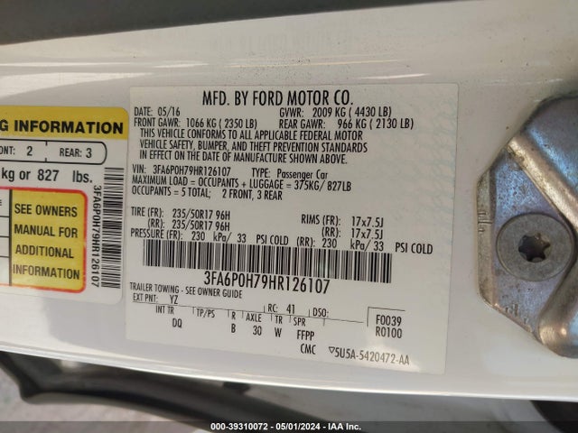 Ford FUSION SE 2017 3FA6P0H79HR126107 Image 9