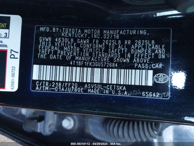Toyota CAMRY SE 2016 4T1BF1FK3GU572684 Image 9