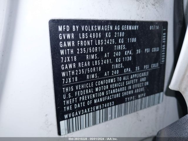 WVGAV3AX2EW574053 Volkswagen TIGUAN SE