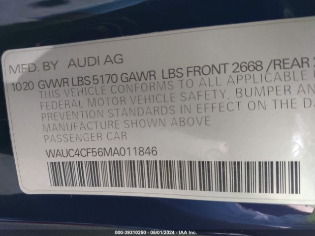 WAUC4CF56MA011846 Audi S5 Sportback Premium Plus Tfsi Quattro Tiptronic