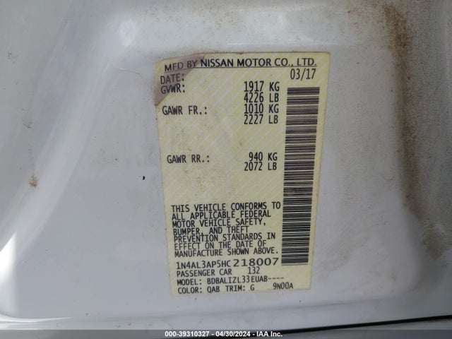 Nissan Altima 2.5 Sv 2017 1N4AL3AP5HC218007 Image 9