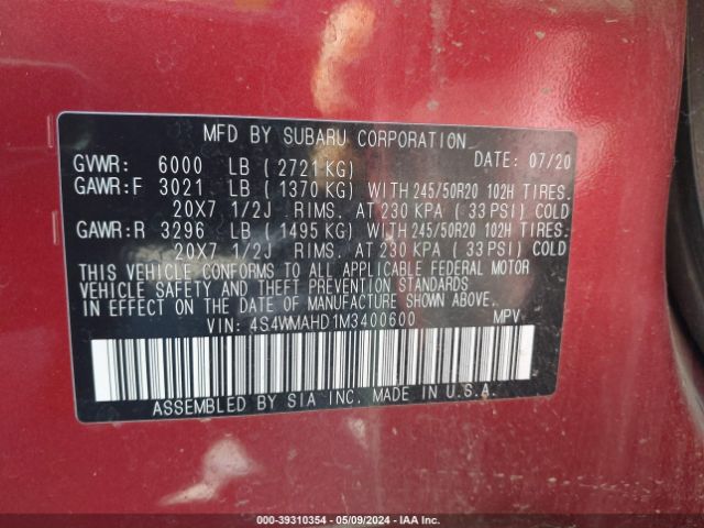 4S4WMAHD1M3400600 Subaru Ascent Premium