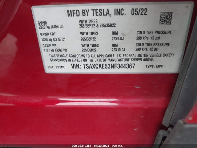 7SAXCAE53NF344367 Tesla Model X Dual Motor All-wheel Drive