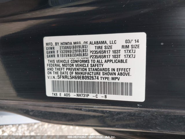 Honda Odyssey Ex-l 2014 5FNRL5H69EB092674 Image 9