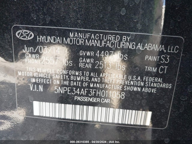 Hyundai Sonata Limited 2015 5NPE34AF3FH011058 Image 9