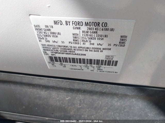 Ford Explorer Limited 2019 1FM5K8F88KGA02208 Image 9