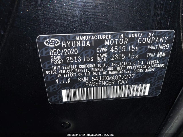 Hyundai Sonata Limited 2021 KMHL54JJXMA027277 Image 9