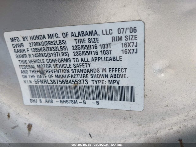Aukcja sprzedaży 2006 Honda Odyssey Ex-l, vin: 5FNRL38756B455373, numer aukcji: 39310734