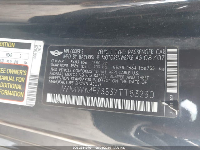 2007 MINI COOPER S WMWMF73537TT83230 Photo 8