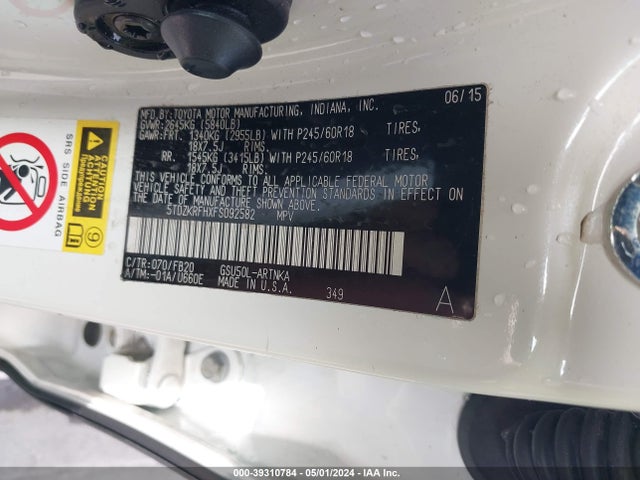 Toyota Highlander Le V6 2015 5TDZKRFHXFS092582 Image 9
