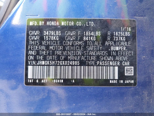 Honda FIT EX 2016 JHMGK5H72GX024985 Image 9