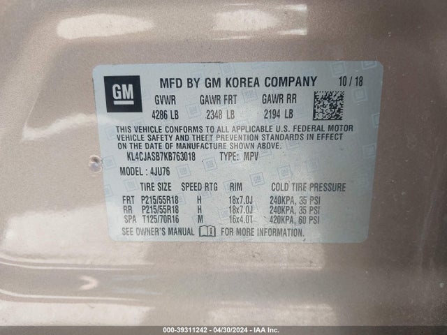 KL4CJASB7KB763018 Buick Encore Fwd Preferred