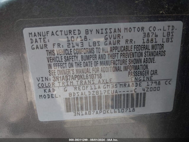 Nissan SENTRA SV 2019 3N1AB7AP0KL610718 Image 9