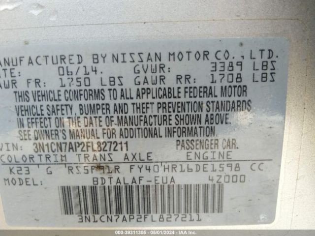 3N1CN7AP2FL827211 Nissan Versa 1.6 S