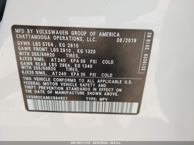 1V2SR2CA6KC594821 Volkswagen Atlas 3.6l V6 Sel R-line